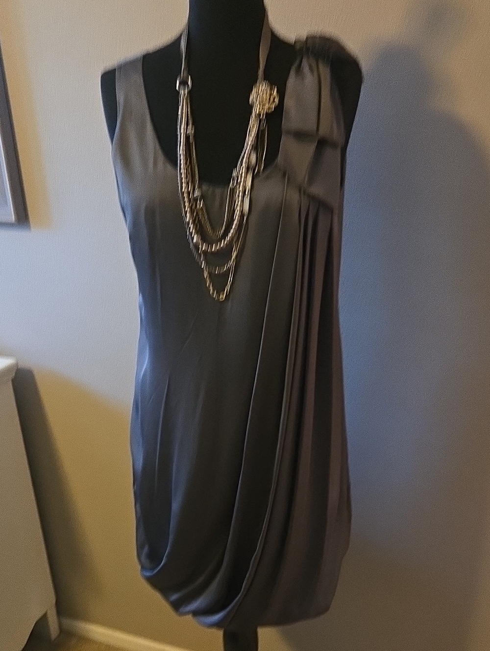 Gray Draped Satin Dress with Side Pleat